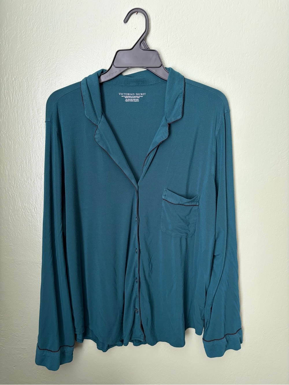 Victoria’s Secret Teal Long-sleeve Button Pajama Top Pocket Collar Size XL